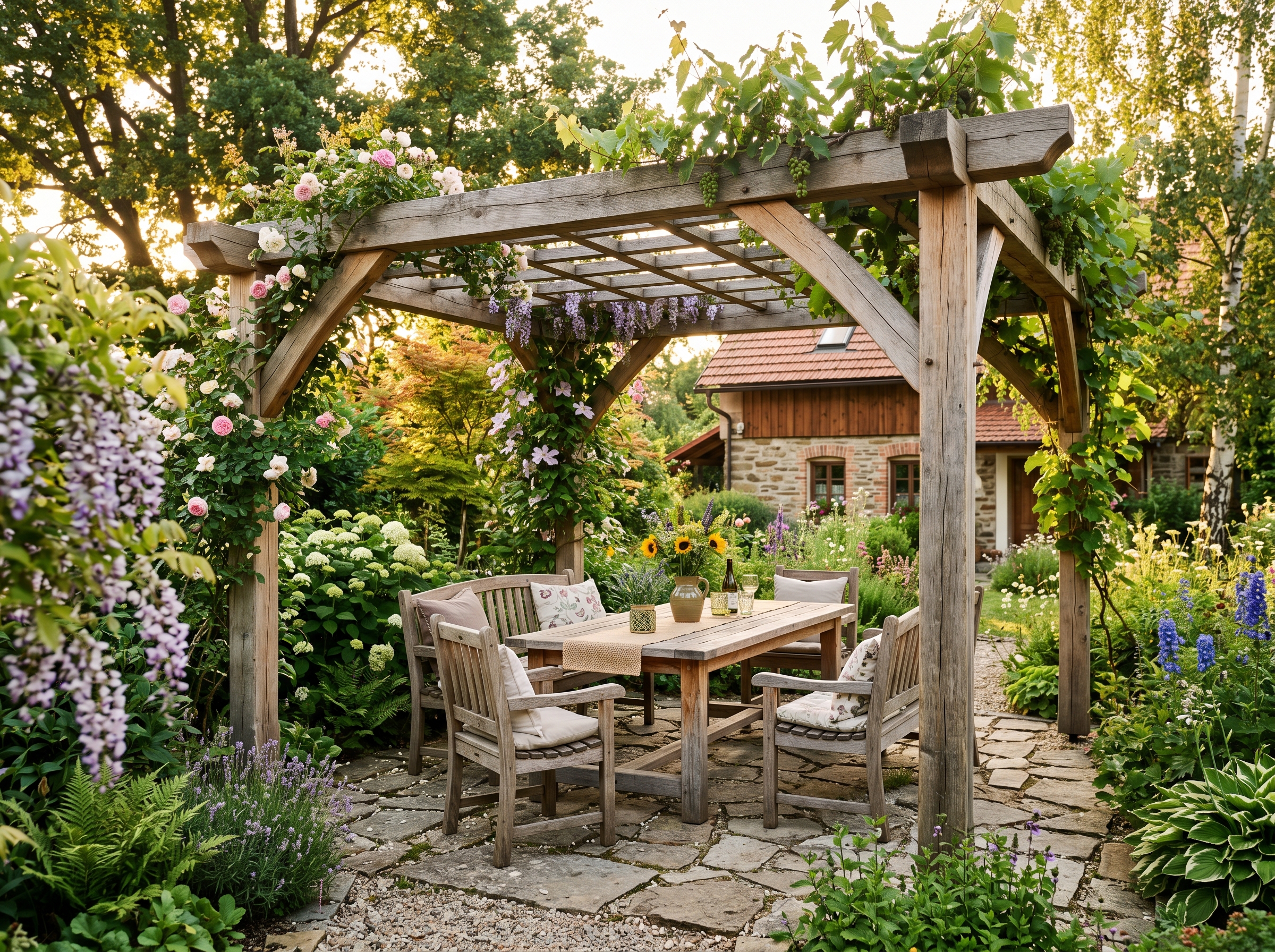 Dřevěná pergola a zahradní nábytek